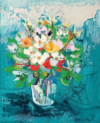 FLORAL STILL LIFE WITH A BLUE BLACKGROUND