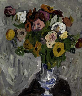 Flowers in a Blue and White Vase