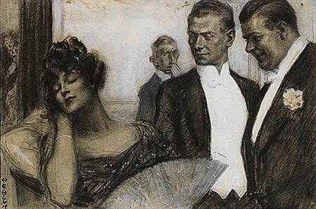Society gents ogling reclining woman