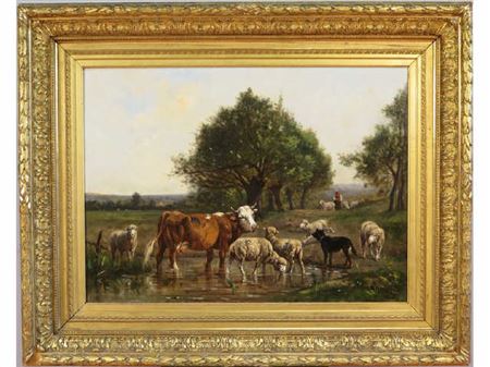 Vache et troupeau de moutons à la mare