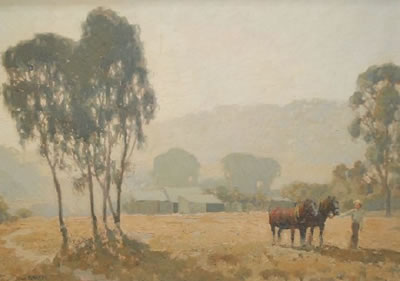 Australian Landscape with Heavy Horses being led to Field by Gustav Adrian Barnes - Auction record, sale price, and art valuation. Compare with similar artists and explore comparable artworks.