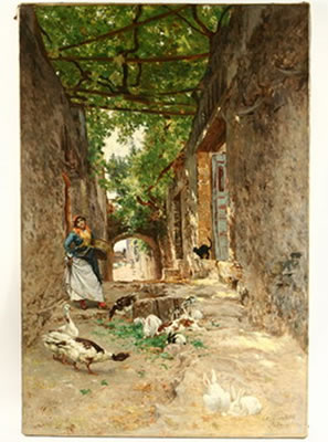 Italian Genre Scene with woman feeding geese under grape arbor in alley, black cat at door