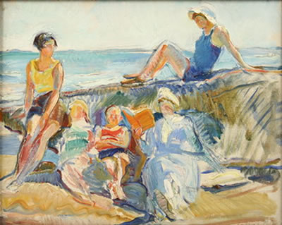 FIVE LADIES ON MONHEGAN, MAINE BEACH by Mary Stuard Townsend Mason - Auction record, sale price, and art valuation. Compare with similar artists and explore comparable artworks.