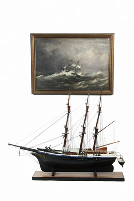 Portrait of Ship 'Natchez' in Storm Off Punambuco along with contemporary primitive painted wood model of the same ship