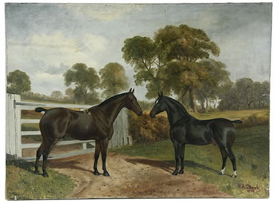 Two Thoroughbreds at Gate by Frederick Albert Clark - Auction record, sale price, and art valuation. Compare with similar artists and explore comparable artworks.