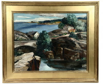 Maine Coastal Scene with Arched Bridge