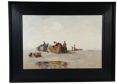 Fishermen Repair Nets on Beached Dories
