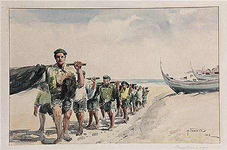 Sample artwork by Manuel Tavares (1911 - 1974), known for watercolor genre, city and marine scene painting, comics, illustrations - View similar artists and auction records