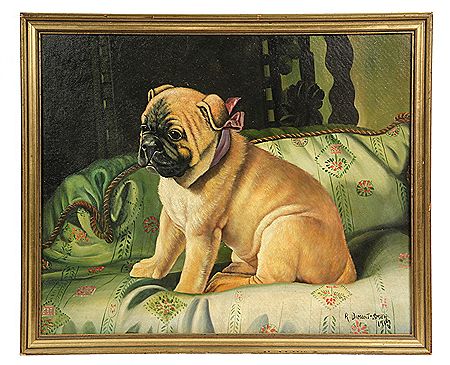 Pug Dog on a Cushion with Ribbon Collar