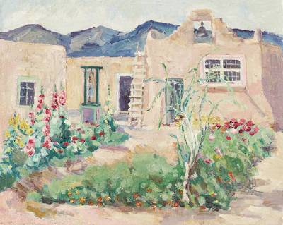 Residence in Taos with Hollyhocks