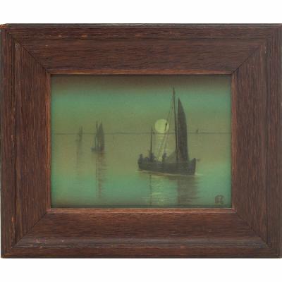 Rookwood plaque, having a rare Green Vellum glaze with a nicely painted scene of sailboats in moonlight