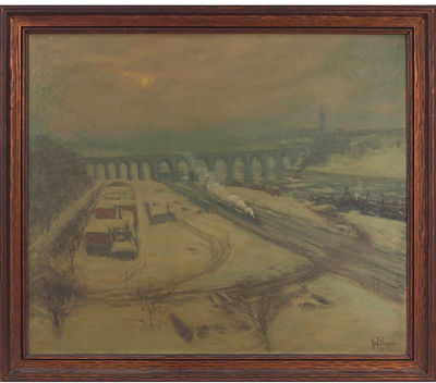 "Snowy Train Station," c. 1910 by Hal Robinson - Auction record, sale price, and art valuation. Compare with similar artists and explore comparable artworks.