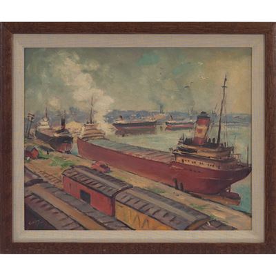"Industrial Harbor Scene" by John Swalley - Auction record, sale price, and art valuation. Compare with similar artists and explore comparable artworks.