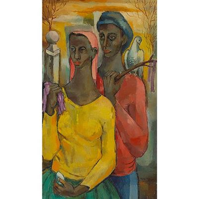 "Couple with Egg and Bird" by Frederick Douglas Jones Jr - Auction record, sale price, and art valuation. Compare with similar artists and explore comparable artworks.