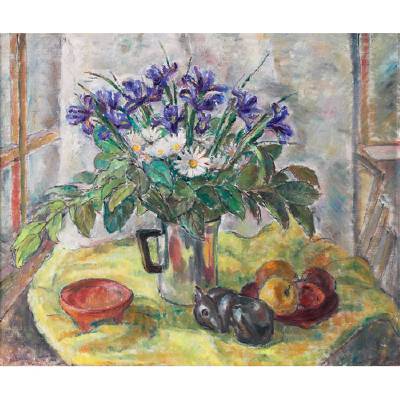 Still Life with Irises and Figurine