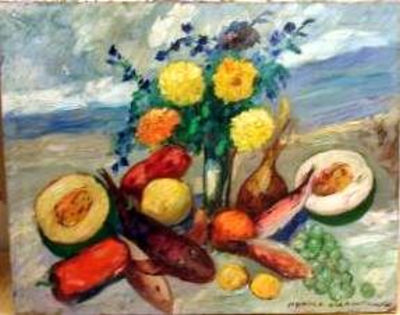 Nature morte aux peches et aux oignons