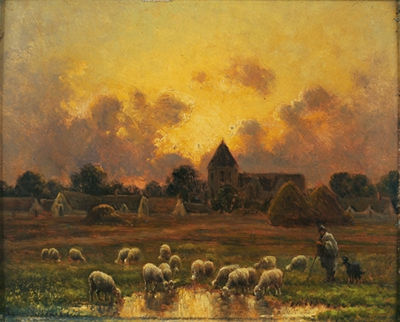 Troupeau de moutons s'abreuvant au coucher du soleil