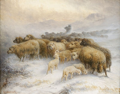 Berger et ses moutons dans un paysage enneigé