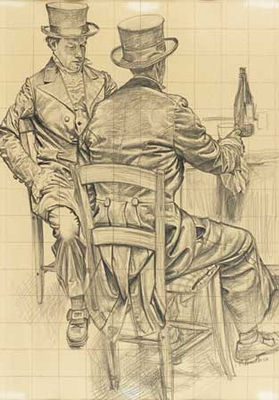 PORTRAIT DE DEUX HOMMES ATTABLÉS, COIFFÉS DE AUX HAUTS-DE-FORME