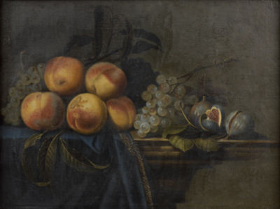 Still Life with peaches, figs and grape clusters on a entablature
