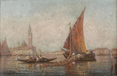 Bateau de pêche et gondole devant Venise