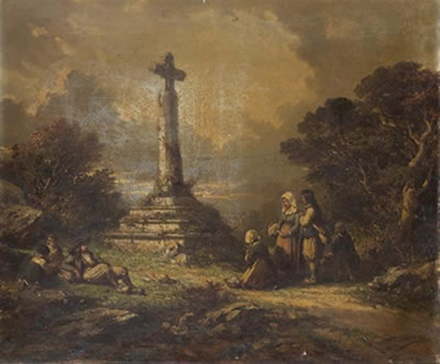 Bretons priant devant un calvaire
