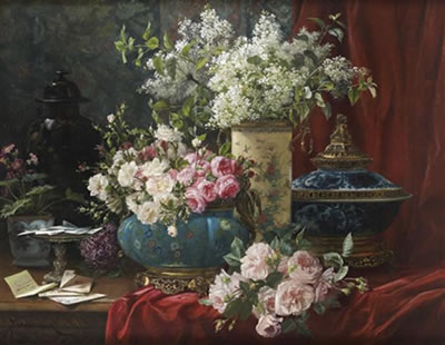 Bouquet de fleurs dans des vases de style chinois sur une table recouverte d'un drapé bordeaux by Jean Capeinick - Auction record, sale price, and art valuation. Compare with similar artists and explore comparable artworks.