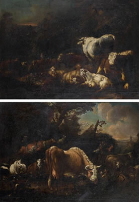 Repos des bergers et leur troupeau dans un paysage and Repos des bergers et leur troupeau devant le temple de Sybille à Tivoli (a pair)