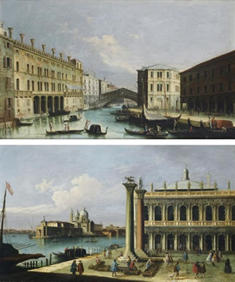Vue du pont du Rialto and Vue de la Piazzetta avec la libreria, L'entrée du grand canal avec la Dogana et Santa Maria della salute (a pair)