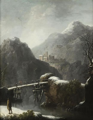Paysage de neige à la rivière animé de promeneurs