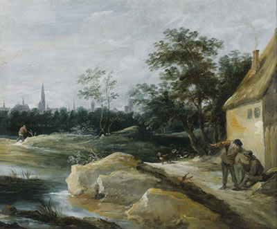 PAYSAGE DE RIVIÈRE AVEC LES TOITS D'ANVERS DANS LE FOND