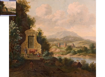 Paysans près d'une fontaine dans un paysage fluvial