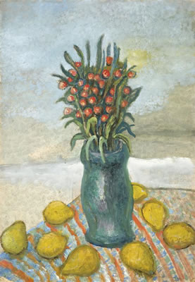 Nature morte au bouquet de pivoines et aux citrons
