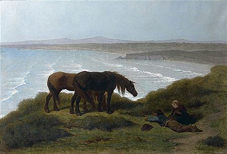 Chevaux bretons sur les falaises de Ris par temps de brise, péninsule de Douarnenez