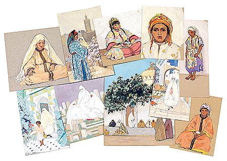 Ensemble de 77 gouaches représentant divers sujets orientalistes (77)