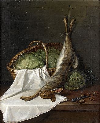 Nature morte aux lapins et aux choux avec noisettes et casse-noisette