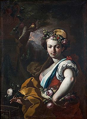 Young woman selling flowers in a landscape