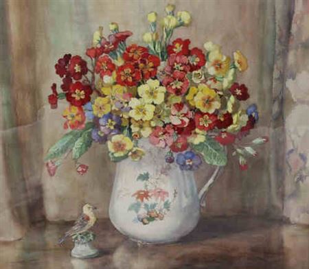 Still life of Polyanthus in a jug beside a porcelain model of a bird by Dorcie Sykes - Auction record, sale price, and art valuation. Compare with similar artists and explore comparable artworks.