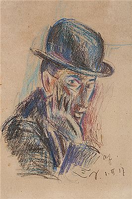 Portrait of Anton Faistauer: Self portrait wearing a hat