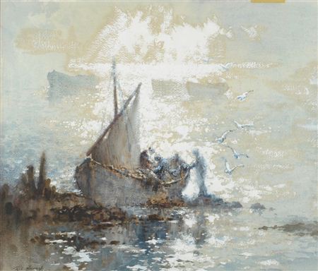 Figures unloading fishing boats, early morning