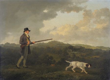 "W Danby Esq of Swinton, Yorkshire", standing holding a gun, a pointer nearby