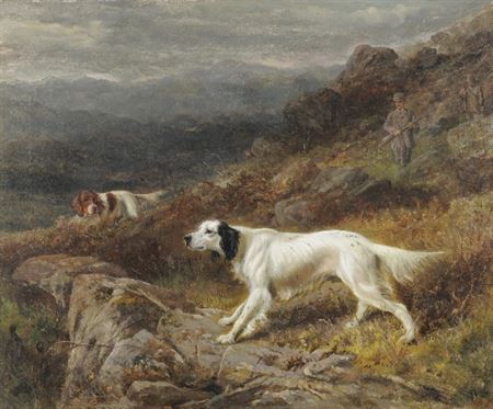 Gundogs and sportsmen shooting upon a moor, mountains in the distance