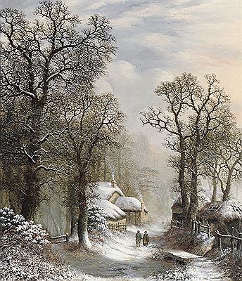 Cottages and figures on a wintery forest lane