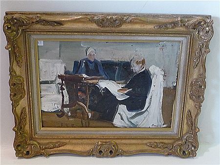 Interior scene with a lady and gentleman reading