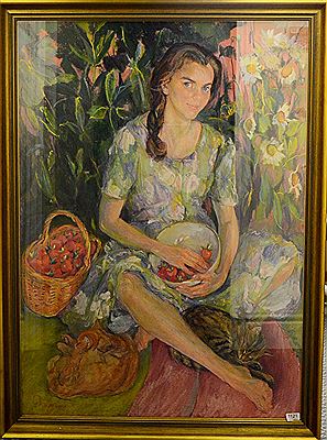 Portrait of the artist`s daughter holding a bowl of strawberries