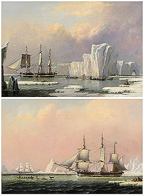 Whaling ships in Arctic waters, Whaling ships with walrus and seals in the foreground (2)