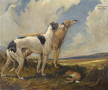 Two greyhounds with a hare in a landscape