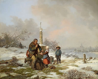 Vinterlandskap med vandringsman och barn.