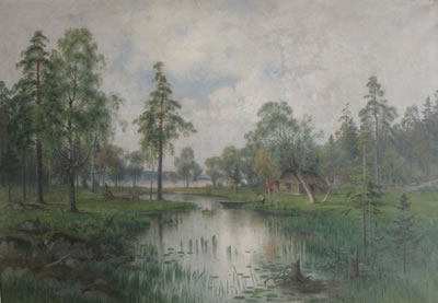 Insjölandskap med man med eka
