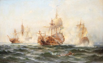 Linjeskeppet Wachtmeisters strid mot en rysk eskader 1719 by Ludvig Richarde - Auction record, sale price, and art valuation. Compare with similar artists and explore comparable artworks.